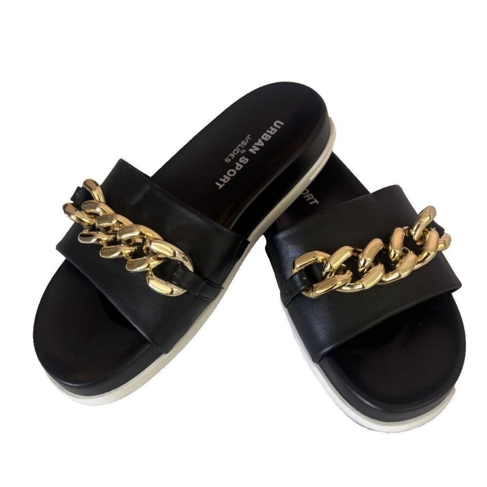 Black Slides With Gold Chain Accent By Urban Sport size 6